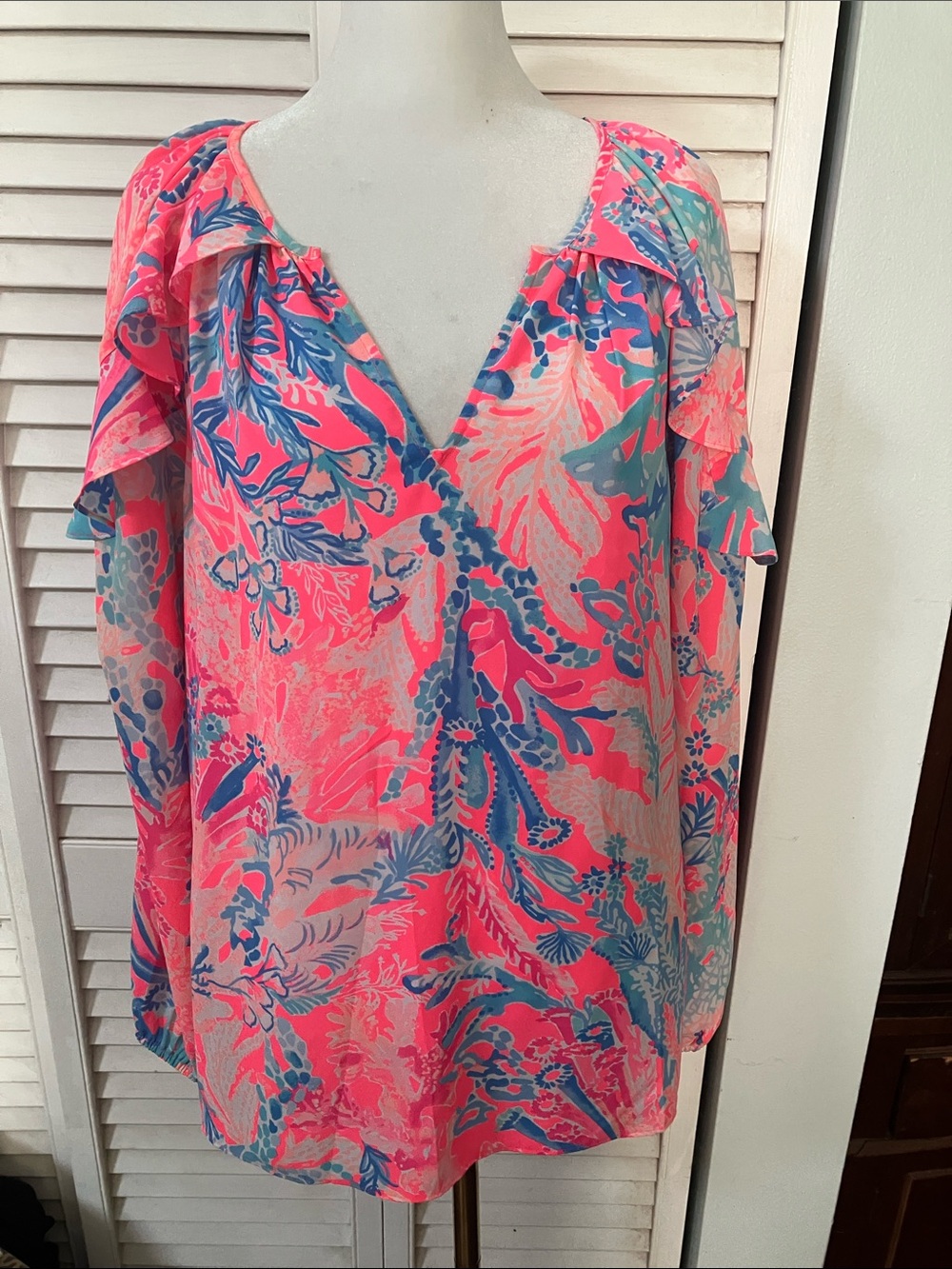Lilly Pultzer Pascha Pink Aquadesica Elora Ruffle Shoulder Blouse - Picture 14 of 14